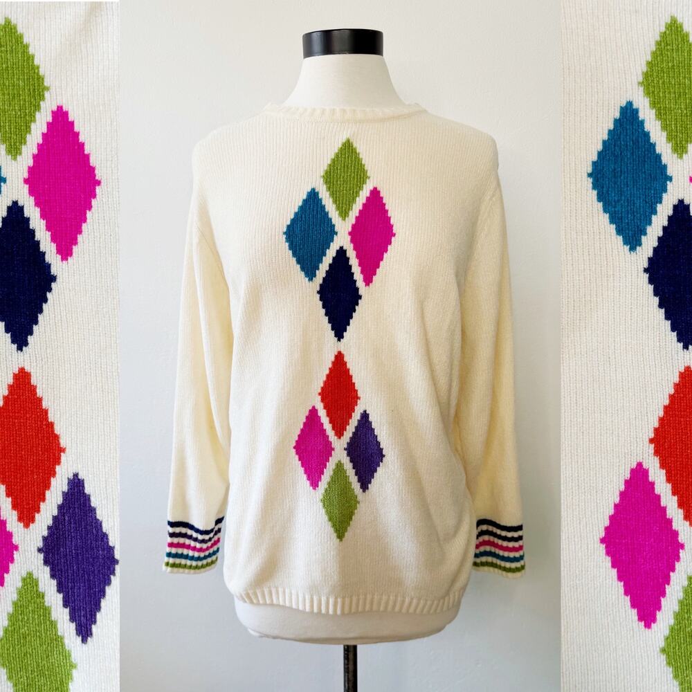 VTG 90s does 70s Retro Karen Scott Colorful Diamond Knit Oversized Sweater